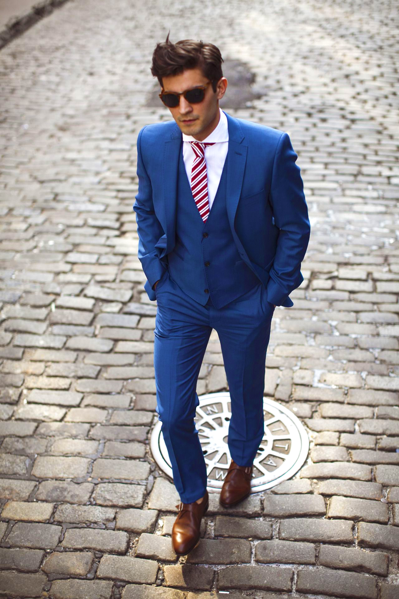 blue suit maroon shoes