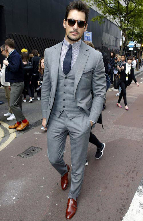 gray suit blue shoes