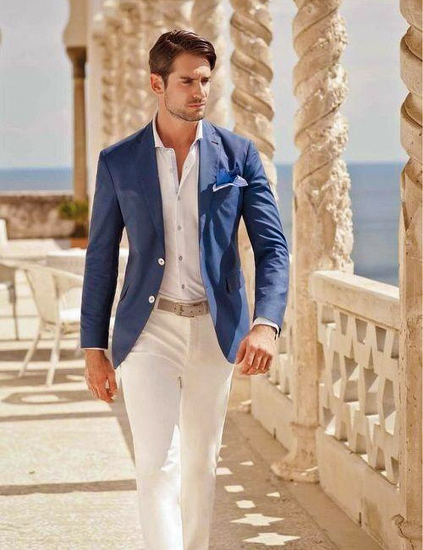 blue blazer white shirt white trousers summer outfit