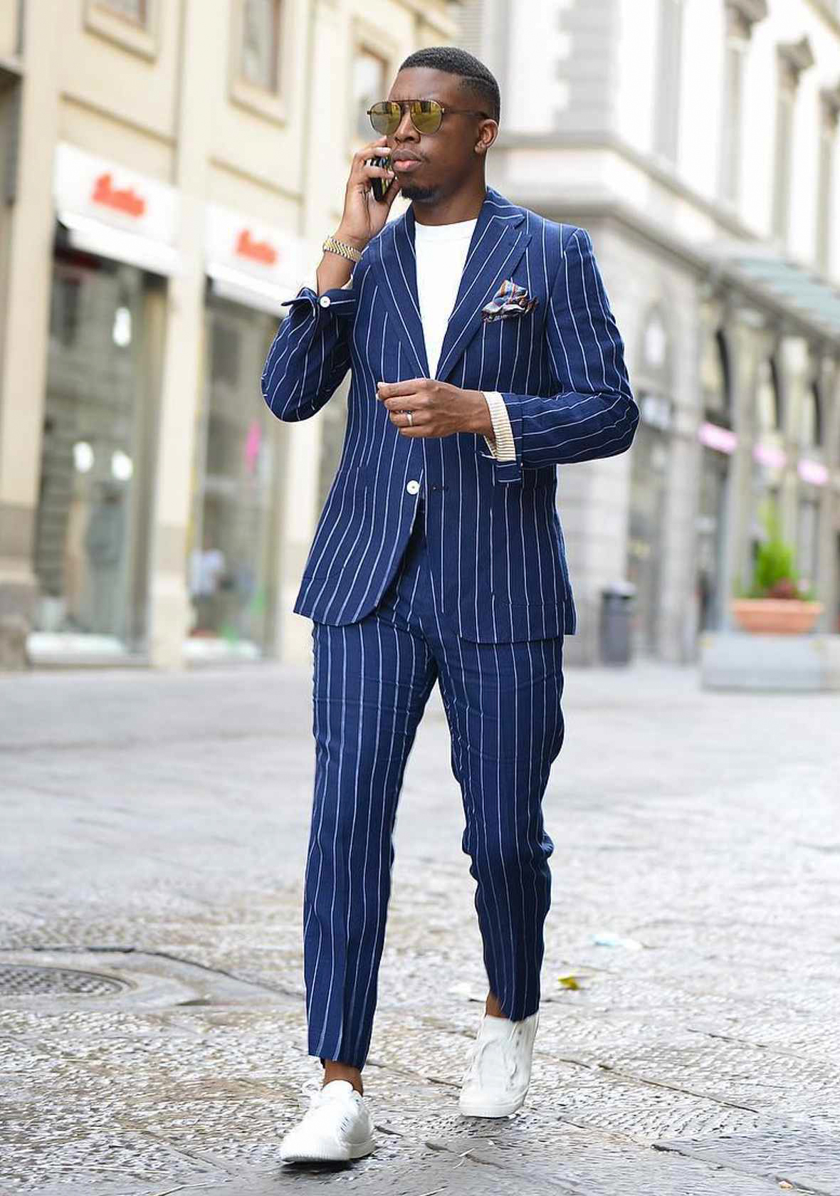 Blue Pinstripe Suit White T Shirt White Sneakers 