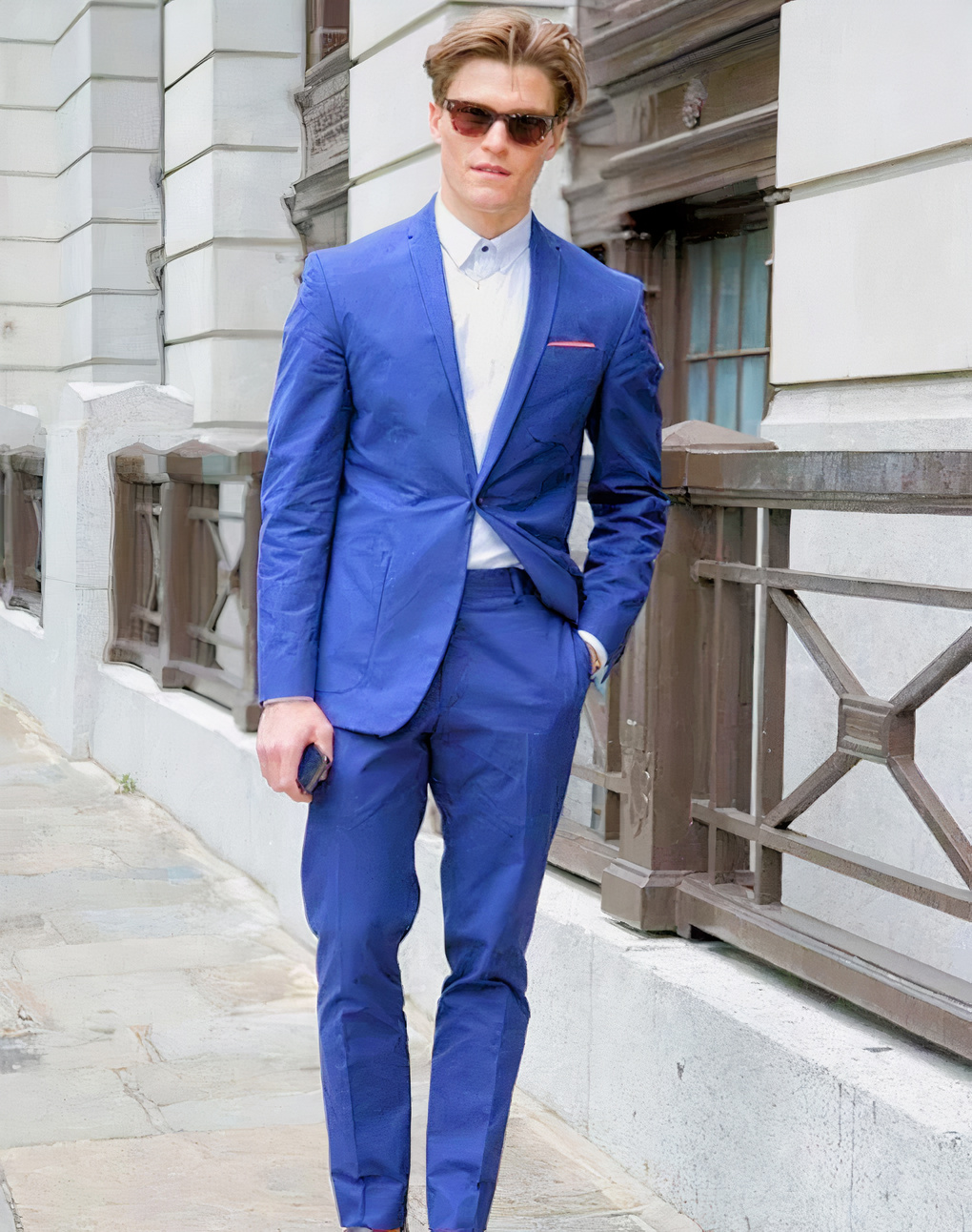Blue suit and white shirt color combination