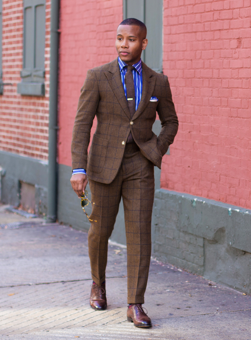 Brown Suit Navy Shirt Burgundy Tie Brown Shoes 