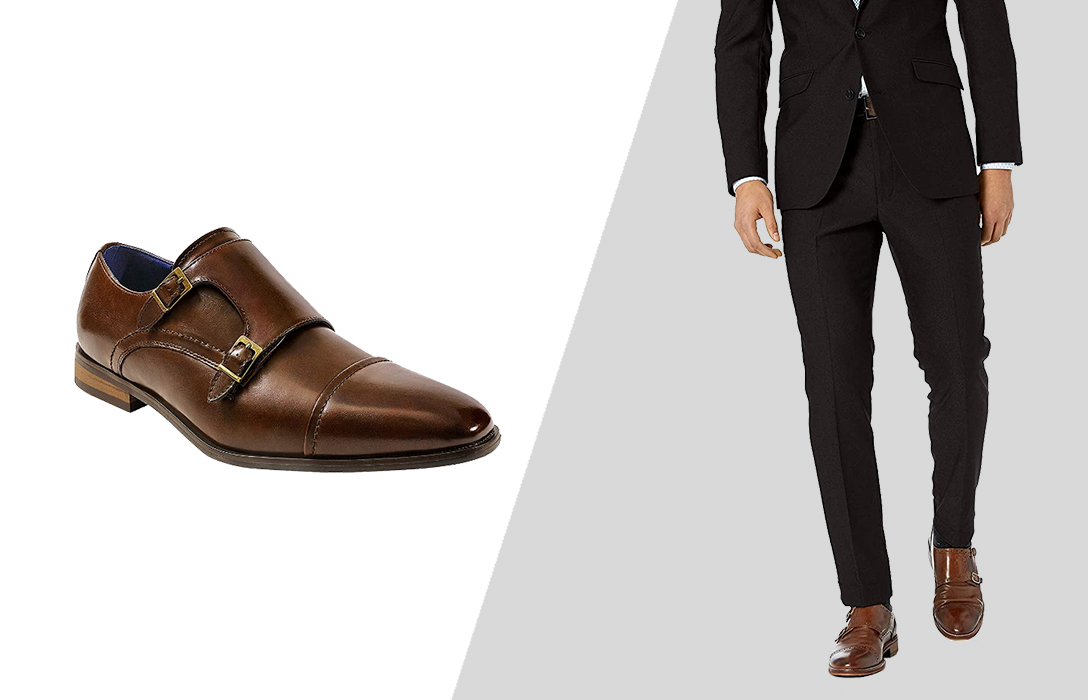 Black suit with brown belt and shoe