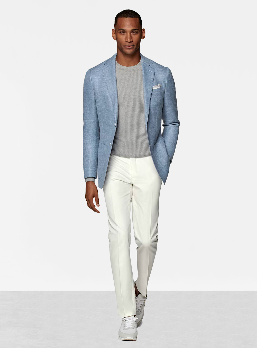 light blue blazer grey t shirt white dress pants grey sneakers