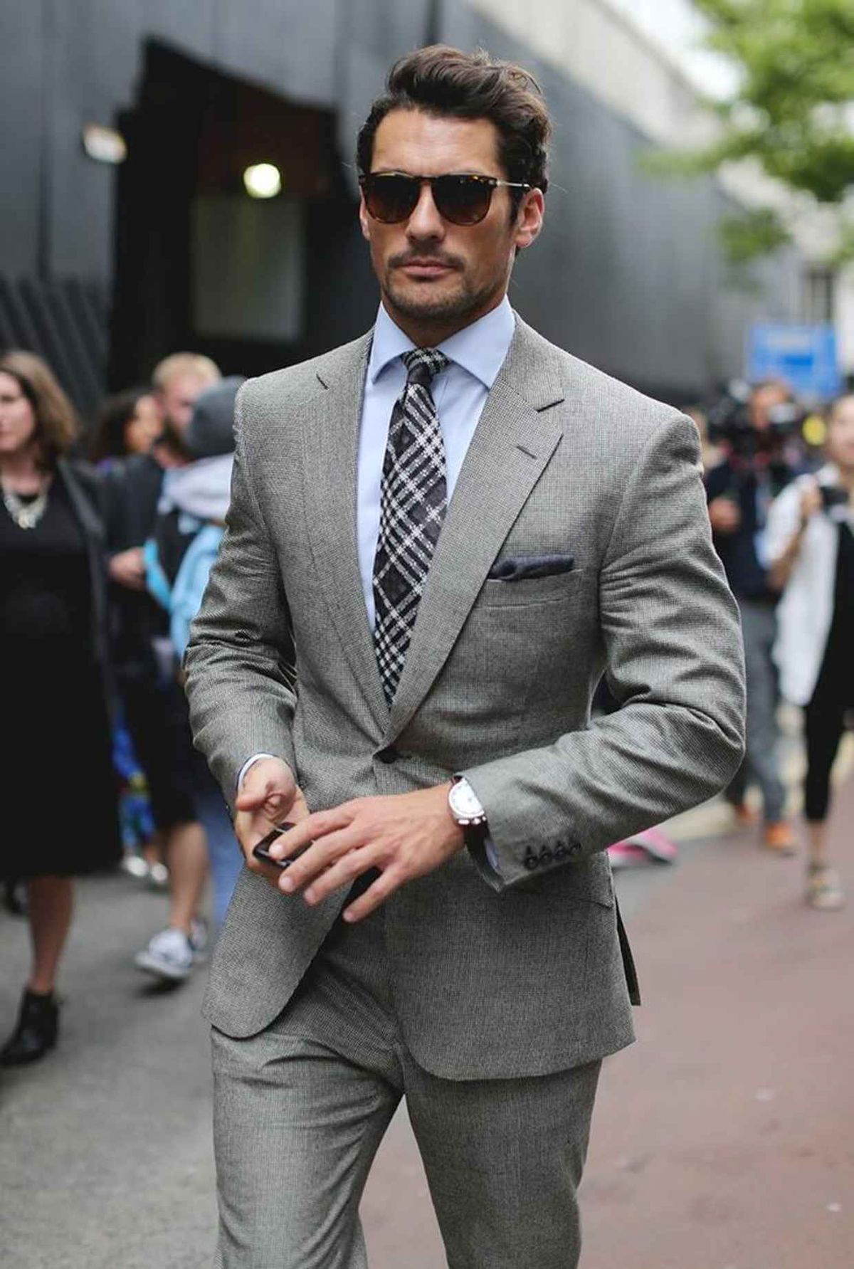 light grey suit blue shirt