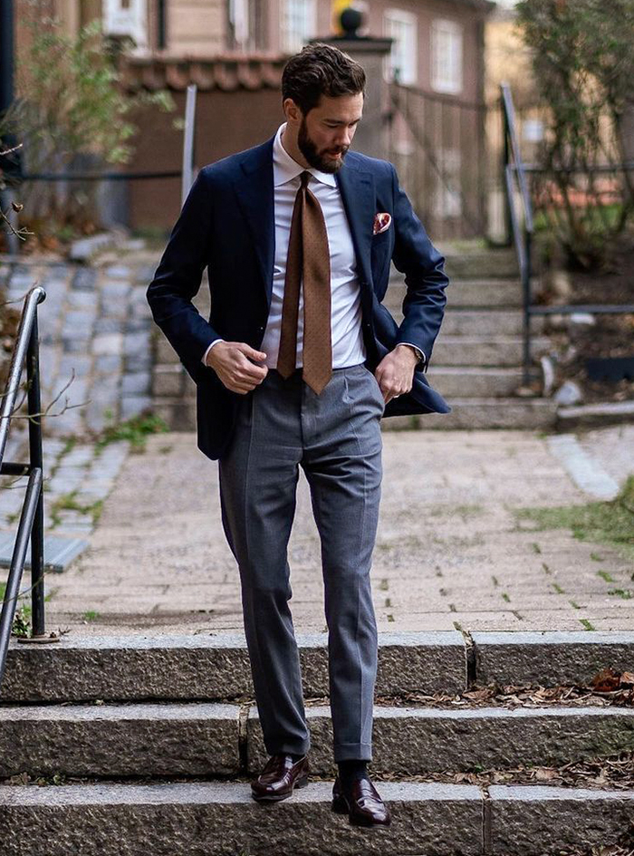 Adding interest to a navy blazer and grey trousers – Permanent Style