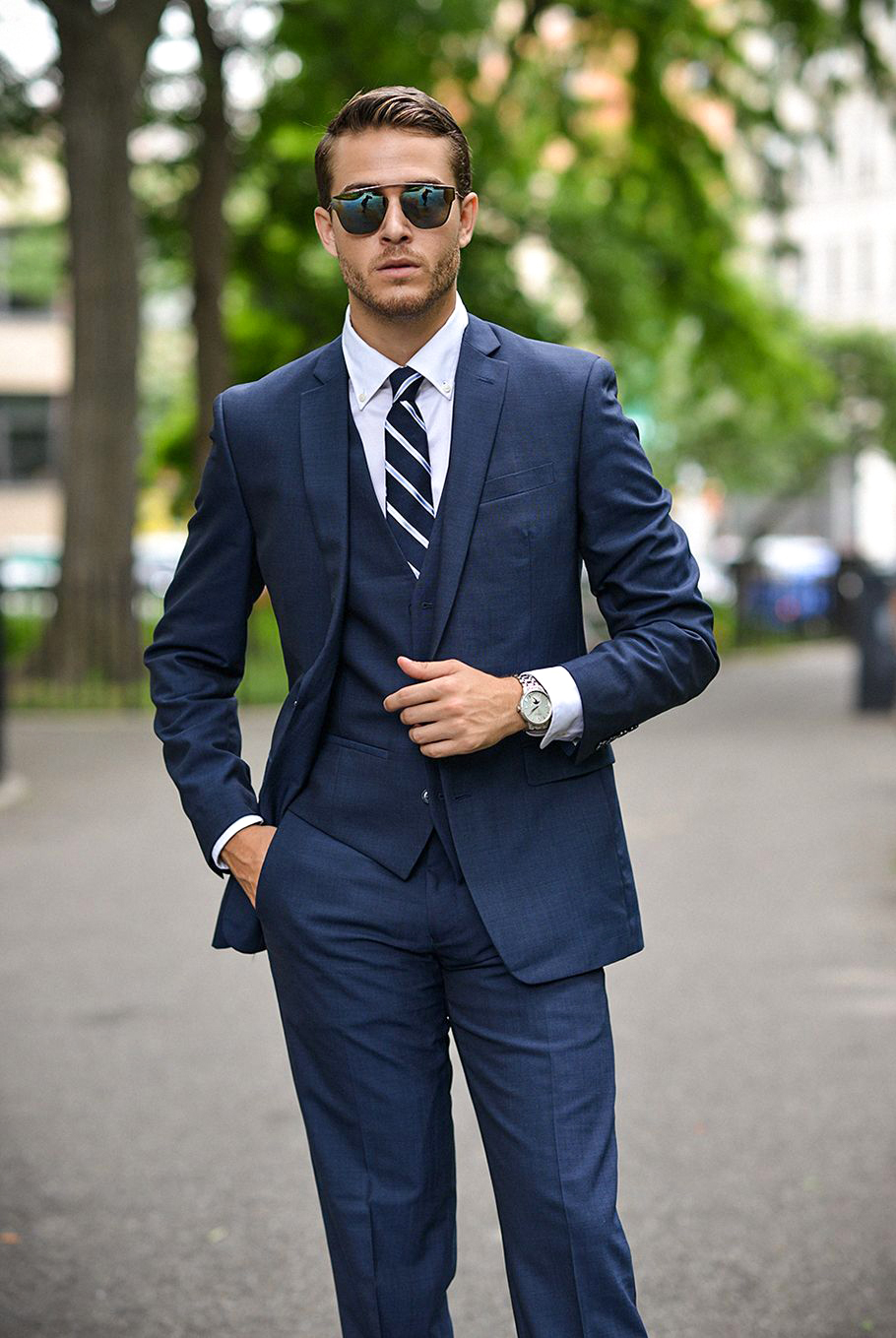 Three Piece Navy Blue Suit with Blue Tie