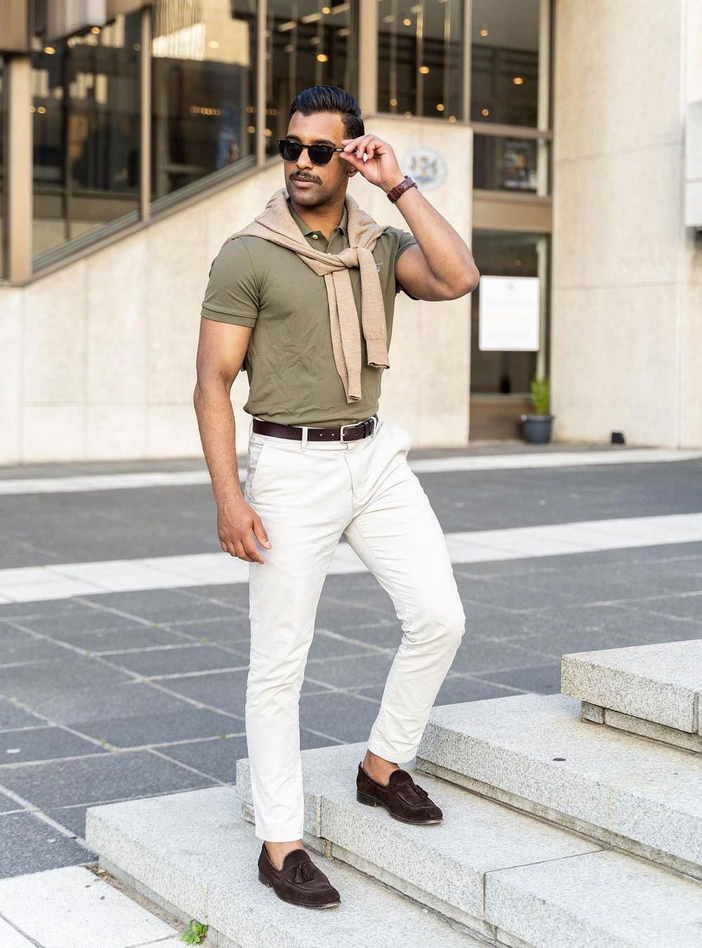 tan-sweater-over-olive-green-polo-shirt-white-pants-brown-loafers.jpg