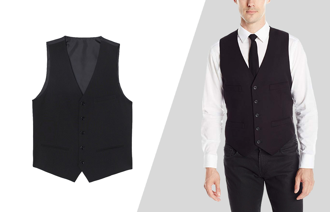 wearing black vest for a funeral with shirt and tie