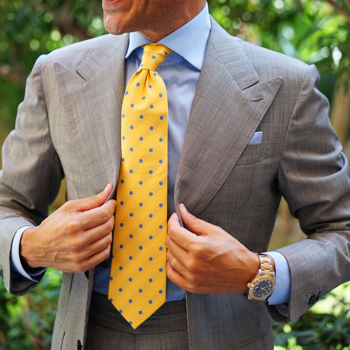 Grey Suit Pink Shirt Yellow Tie
