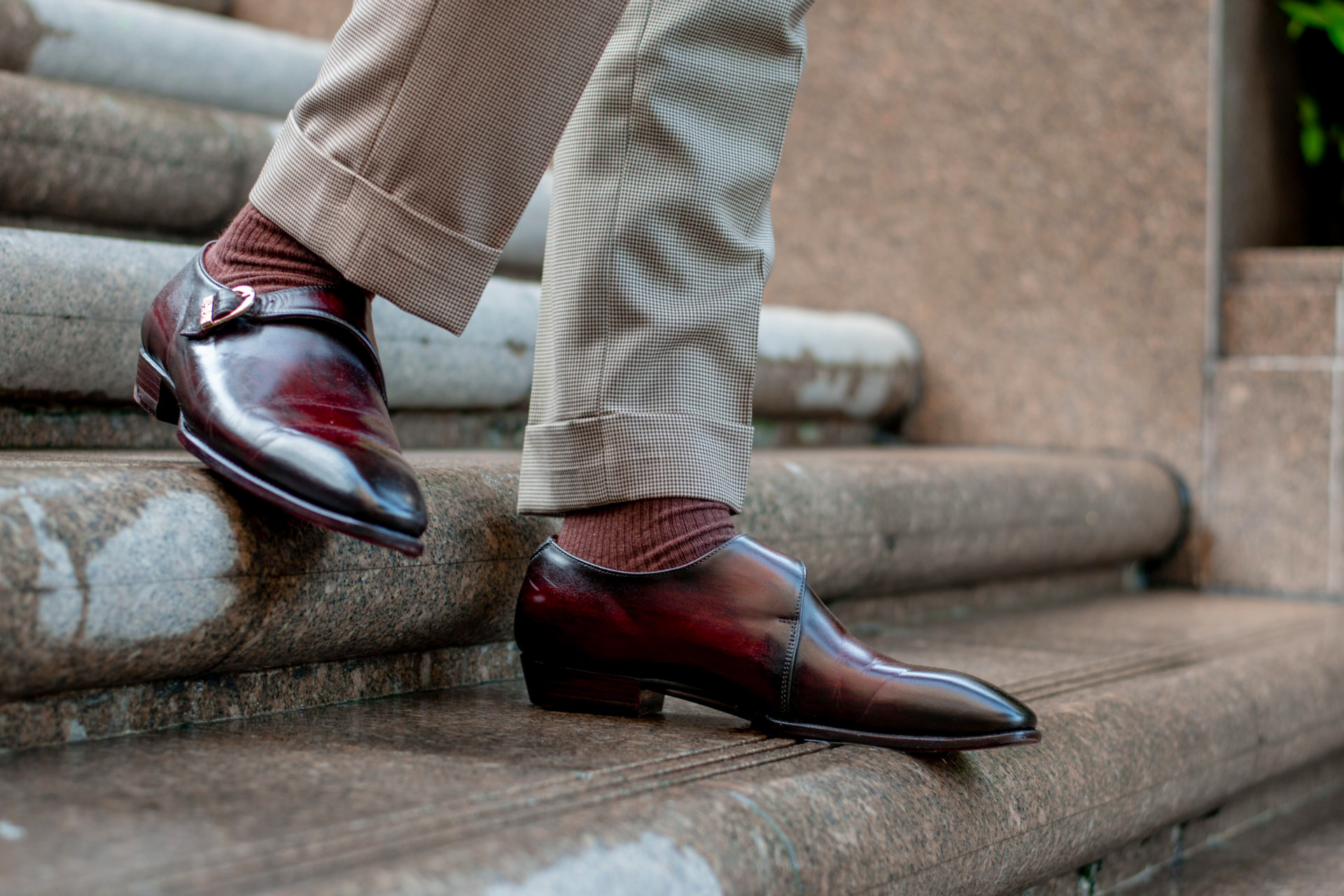 wearing oxblood burgundy shoes with tan pants